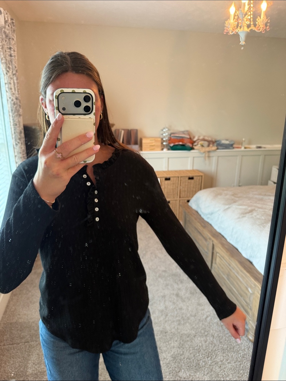 7th Ray Black Long-Sleeve Henley Top with Ruffle Trim
